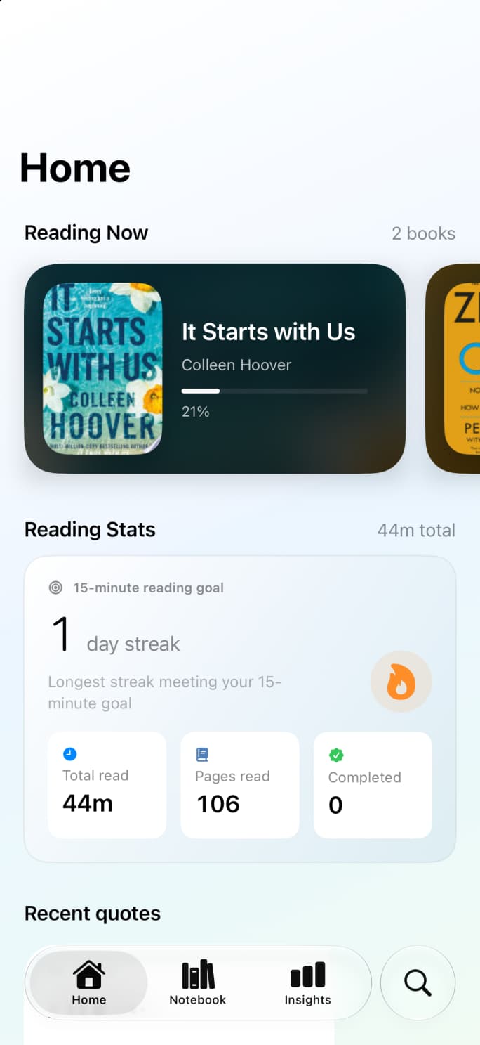 Oren home screen showing a current book, reading goal, and progress